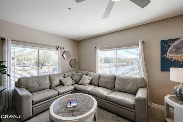 living room with ceiling fan