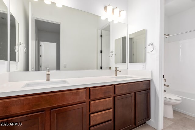 full bathroom featuring toilet, shower / tub combination, tile patterned floors, and vanity