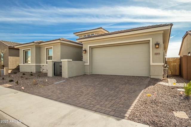 prairie-style home featuring a garage