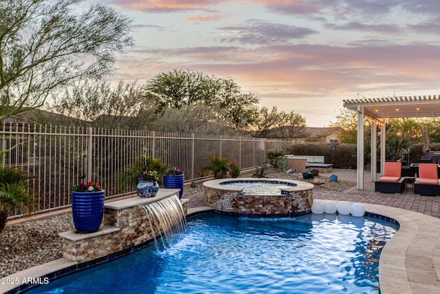 pool at dusk featuring pool water feature, a pergola, an in ground hot tub, and a patio