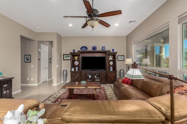 living room featuring ceiling fan