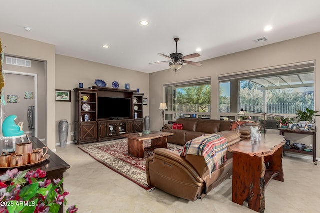 living room featuring ceiling fan