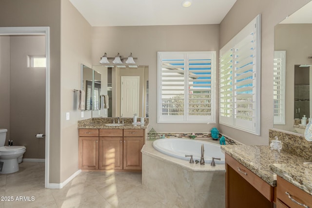 full bathroom with toilet, vanity, tile patterned floors, and shower with separate bathtub