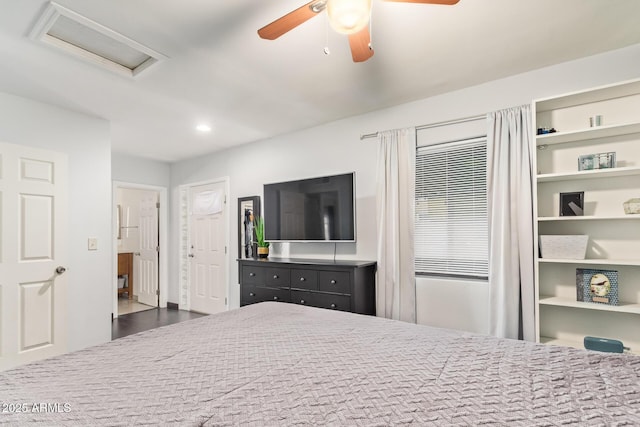 bedroom with attic access, ceiling fan, and recessed lighting