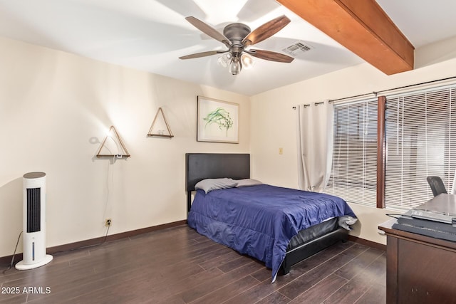 bedroom with dark wood-style floors, baseboards, and a ceiling fan