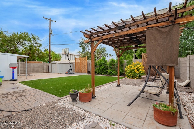 view of patio / terrace with a storage shed, a pergola, and an outbuilding