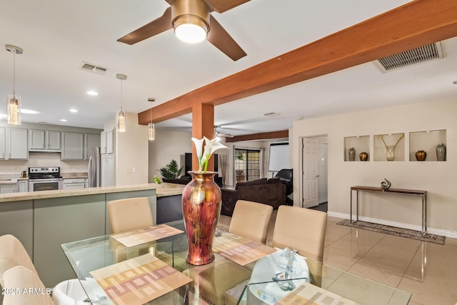 dining area with a ceiling fan, recessed lighting, tile patterned flooring, baseboards, and beam ceiling