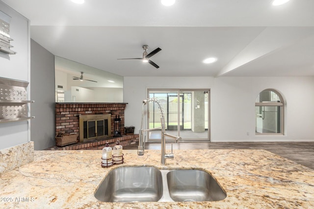 2059 E Brown Rd Unit 35, Mesa, AZ 85213 - kitchen with open floor plan, ceiling fan, wood finished floors, light stone counters, and recessed lighting