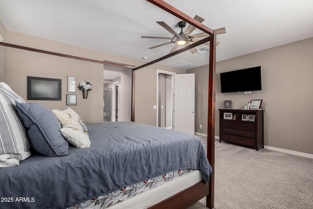 bedroom with visible vents, baseboards, ceiling fan, and light colored carpet