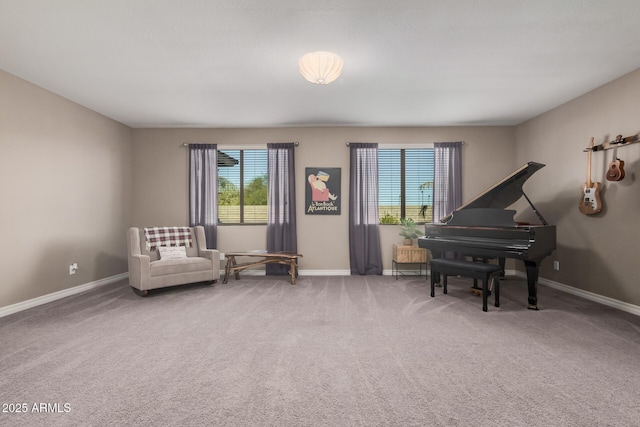 sitting room featuring carpet, plenty of natural light, and baseboards