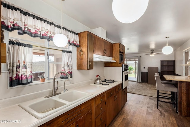 kitchen with a sink, under cabinet range hood, stainless steel appliances, a ceiling fan, and hardwood / wood-style flooring