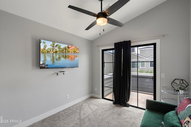 2604 N 27th St Unit 4, Phoenix, AZ 85008 - living room featuring vaulted ceiling, light carpet, ceiling fan, and baseboards