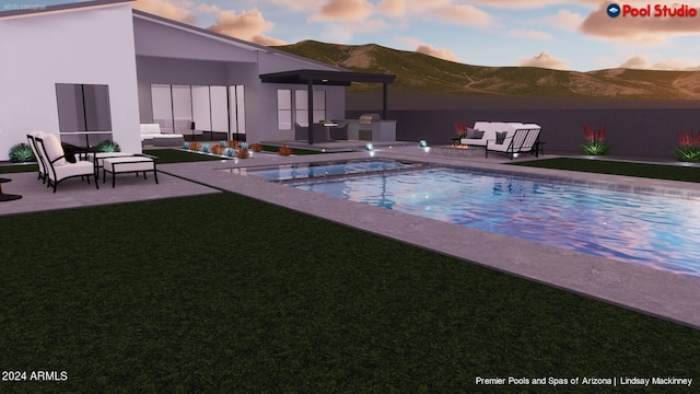 pool at dusk featuring a mountain view, an outdoor hangout area, and a patio area