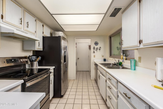 kitchen with white cabinetry, sink, stainless steel appliances, and light tile patterned flooring