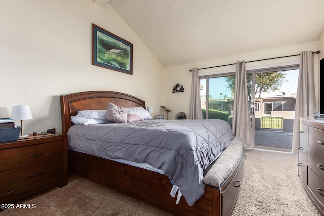 bedroom featuring light colored carpet, access to exterior, vaulted ceiling, and a textured ceiling