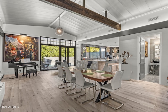 dining space with wood ceiling, vaulted ceiling with beams, and light hardwood / wood-style floors