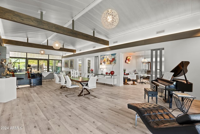 living room with beam ceiling, light hardwood / wood-style flooring, high vaulted ceiling, and a chandelier