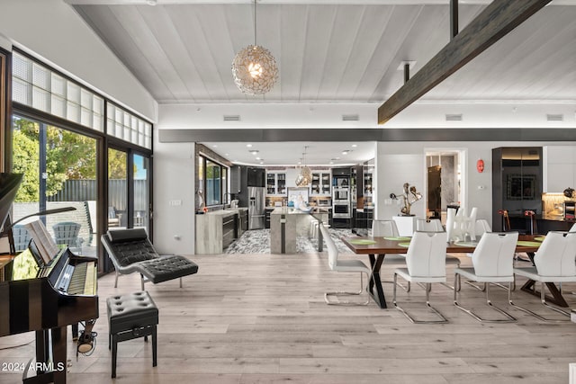 dining space featuring a chandelier, beamed ceiling, wooden ceiling, and light wood-type flooring