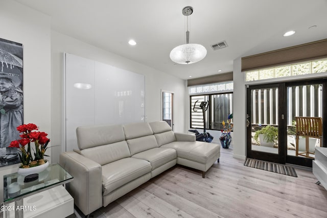 living room featuring french doors, a healthy amount of sunlight, and light hardwood / wood-style floors