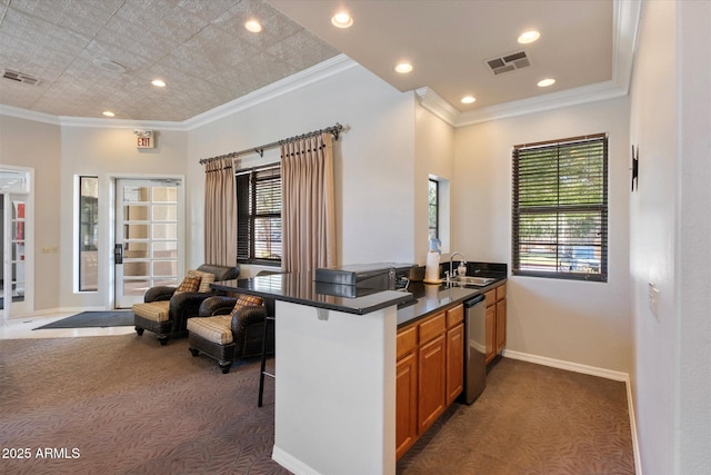 750 E Northern Ave Unit 2143, Phoenix, AZ 85020 - kitchen featuring dark carpet, stainless steel dishwasher, a kitchen breakfast bar, dark countertops, and ornamental molding