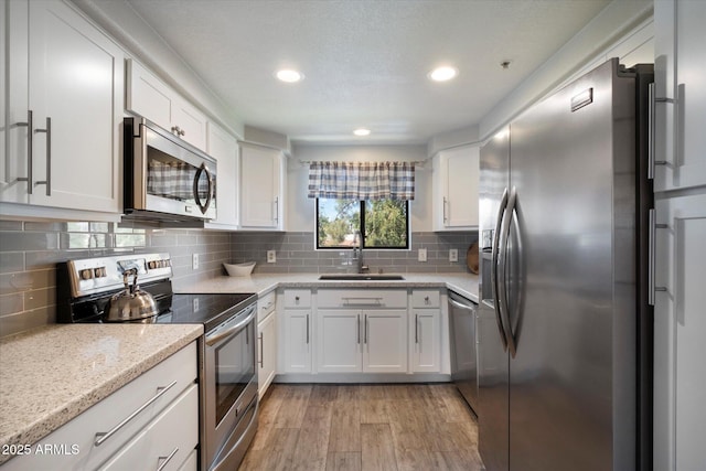 750 E Northern Ave Unit 2143, Phoenix, AZ 85020 - kitchen featuring appliances with stainless steel finishes, a sink, light wood-style flooring, white cabinets, and backsplash