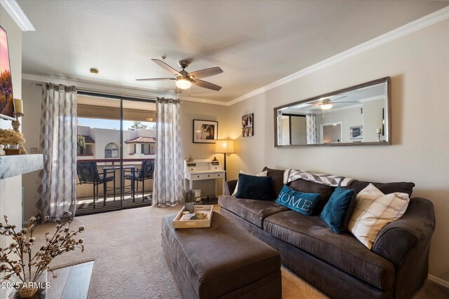 750 E Northern Ave Unit 2143, Phoenix, AZ 85020 - carpeted living room featuring ceiling fan and crown molding
