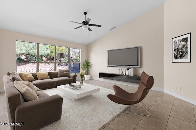 tiled living room with vaulted ceiling and ceiling fan