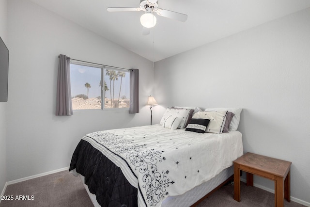 bedroom with lofted ceiling, carpet, baseboards, and ceiling fan