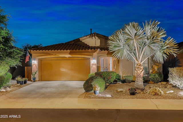 4200 E Narrowleaf Dr, Gilbert, AZ 85298 - mediterranean / spanish home featuring an attached garage, a tiled roof, driveway, and stucco siding