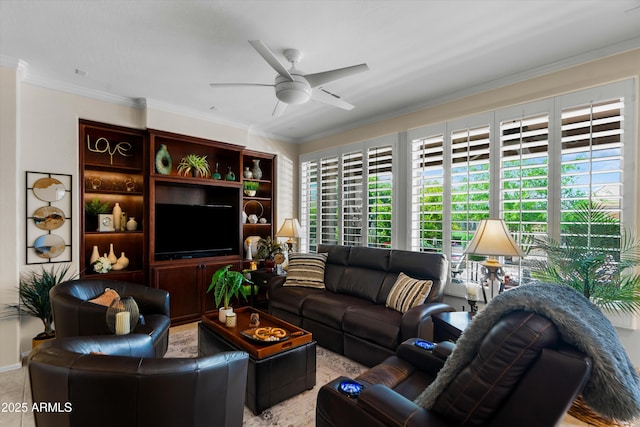 4200 E Narrowleaf Dr, Gilbert, AZ 85298 - living area with ornamental molding, baseboards, and a ceiling fan