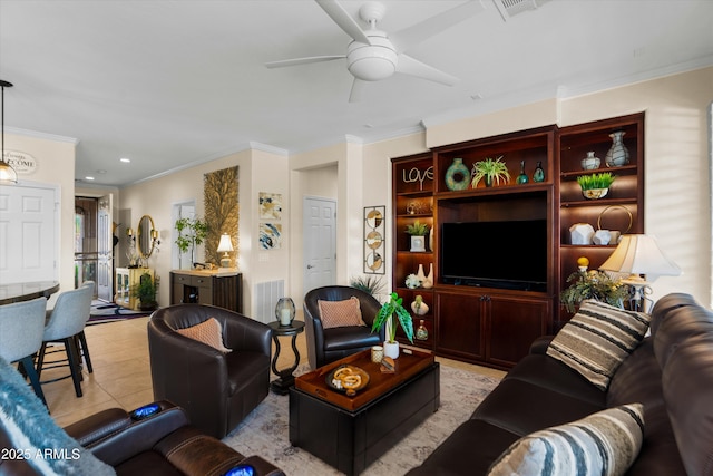 4200 E Narrowleaf Dr, Gilbert, AZ 85298 - living room with a ceiling fan, crown molding, light tile patterned flooring, visible vents, and recessed lighting