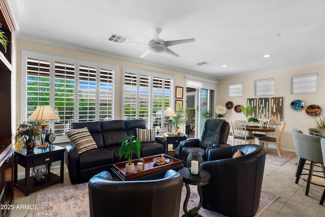 4200 E Narrowleaf Dr, Gilbert, AZ 85298 - living room with visible vents, a healthy amount of sunlight, and crown molding