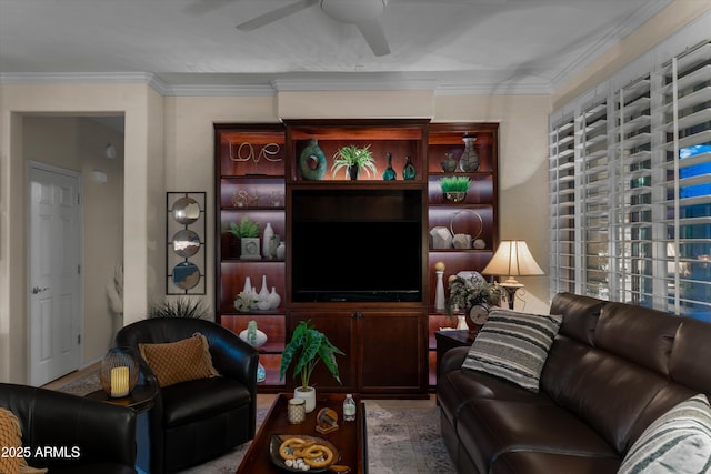 4200 E Narrowleaf Dr, Gilbert, AZ 85298 - living room featuring ceiling fan and crown molding