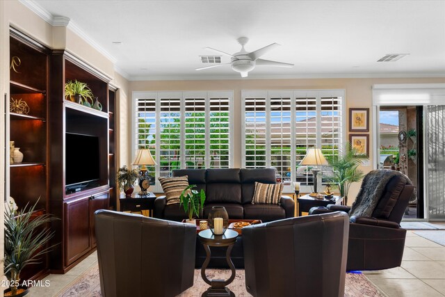 4200 E Narrowleaf Dr, Gilbert, AZ 85298 - living area featuring a ceiling fan, visible vents, light tile patterned floors, and a healthy amount of sunlight