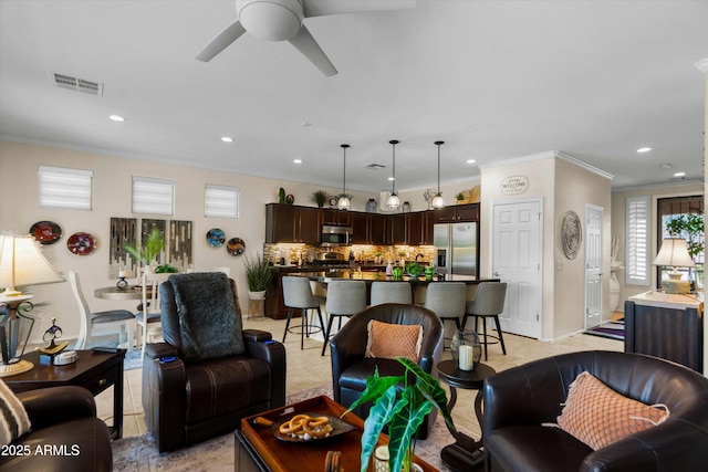 4200 E Narrowleaf Dr, Gilbert, AZ 85298 - living room with recessed lighting, visible vents, light tile patterned floors, crown molding, and ceiling fan