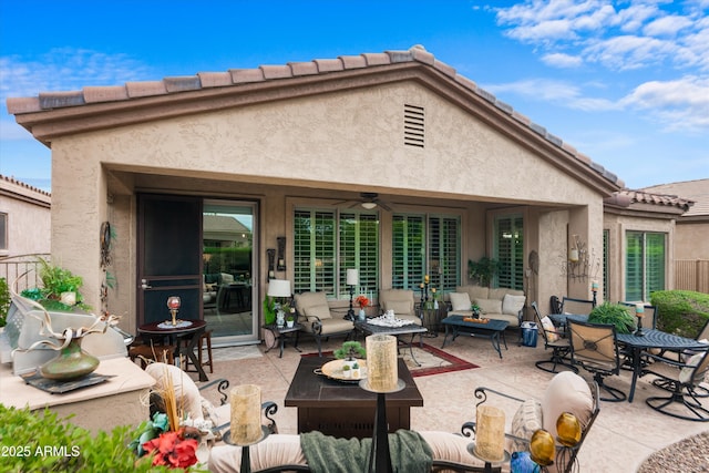 4200 E Narrowleaf Dr, Gilbert, AZ 85298 - rear view of property with a tile roof, an outdoor living space, a patio area, stucco siding, and ceiling fan
