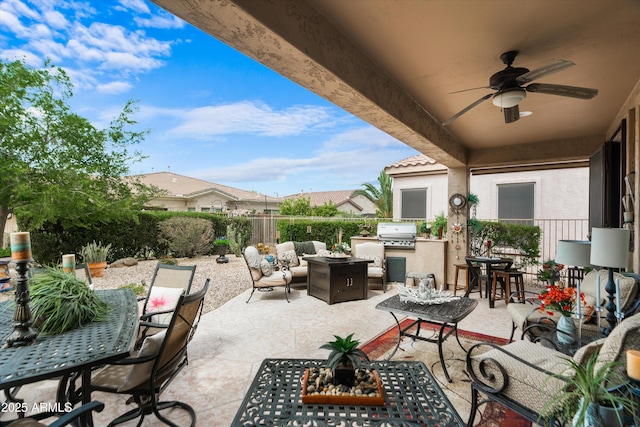 4200 E Narrowleaf Dr, Gilbert, AZ 85298 - view of patio featuring exterior kitchen, outdoor lounge area, a ceiling fan, grilling area, and outdoor dining area
