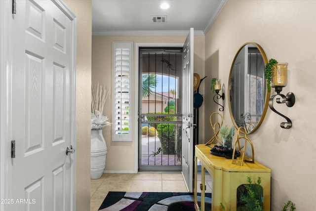 4200 E Narrowleaf Dr, Gilbert, AZ 85298 - doorway to outside featuring baseboards, crown molding, tile patterned flooring, and visible vents