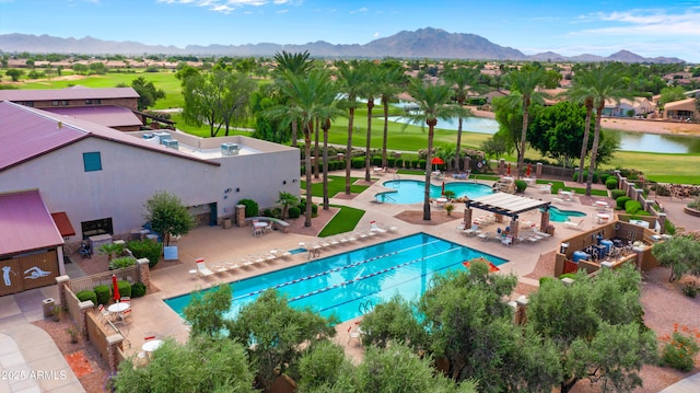 4200 E Narrowleaf Dr, Gilbert, AZ 85298 - pool with a water and mountain view, view of golf course, and a patio