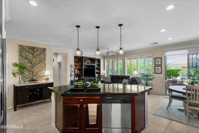 4200 E Narrowleaf Dr, Gilbert, AZ 85298 - kitchen with dark countertops, a sink, dishwasher, ornamental molding, and visible vents