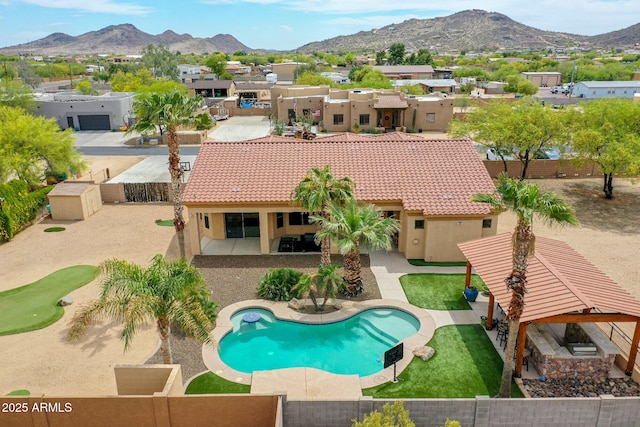 2724 W Fernwood Dr, Phoenix, AZ 85086 - view of swimming pool featuring a mountain view, a patio, a fenced backyard, and a residential view