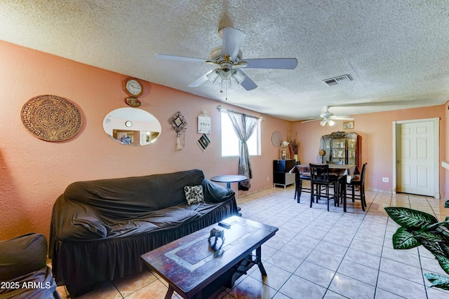 6541 N 54th Ave, Glendale, AZ 85301 - living room with a ceiling fan, light tile patterned floors, a textured ceiling, and a textured wall