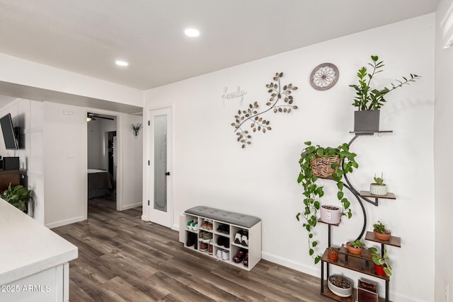 interior space featuring recessed lighting, baseboards, and dark wood-style flooring