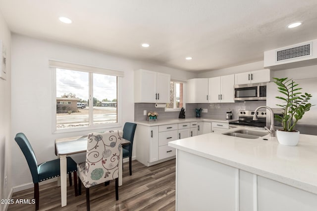 kitchen with visible vents, light countertops, decorative backsplash, appliances with stainless steel finishes, and a sink