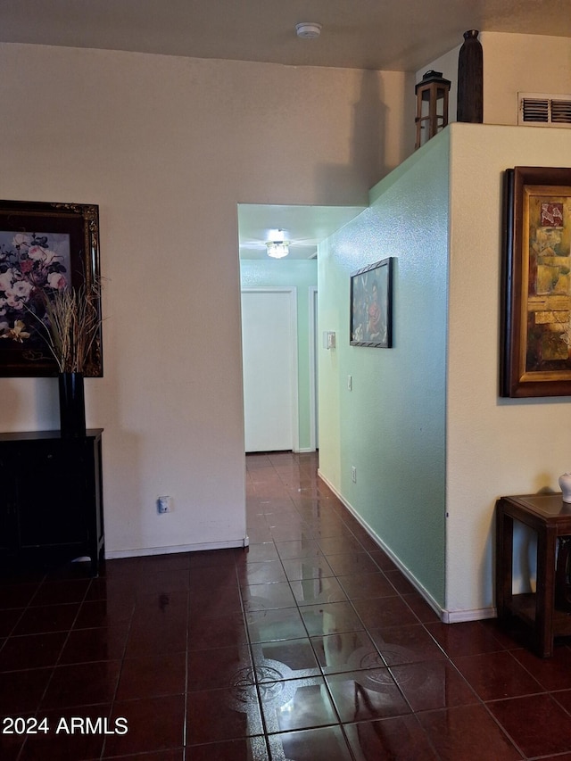 hall featuring dark tile patterned floors