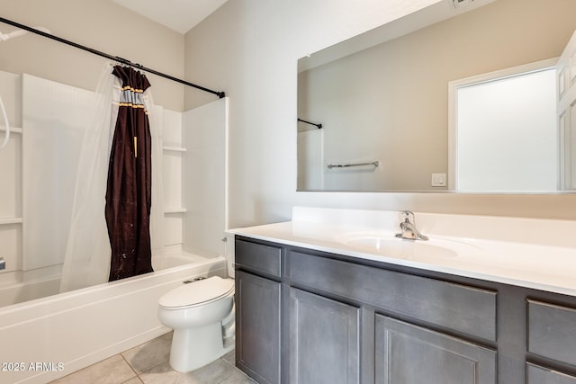 full bathroom featuring toilet, tile patterned flooring, vanity, and shower / bath combo with shower curtain