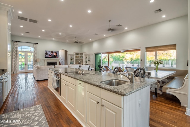 kitchen with light stone countertops, a wealth of natural light, sink, and a kitchen island with sink