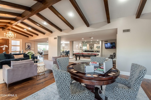 dining area with a chandelier, wood-type flooring, vaulted ceiling with beams, and billiards