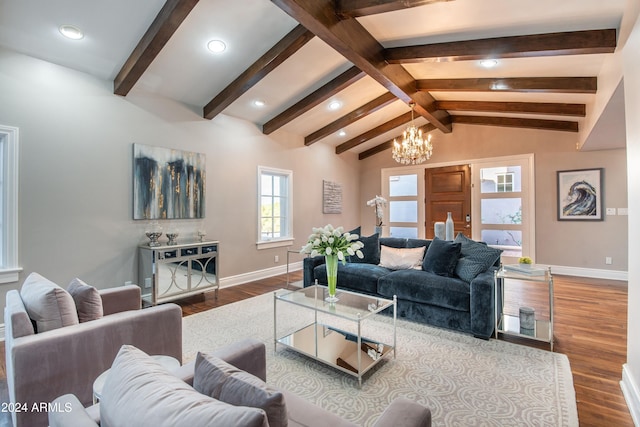 living room with hardwood / wood-style floors, vaulted ceiling with beams, and a chandelier