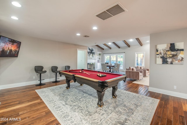 recreation room with dark wood-type flooring, pool table, and vaulted ceiling with beams